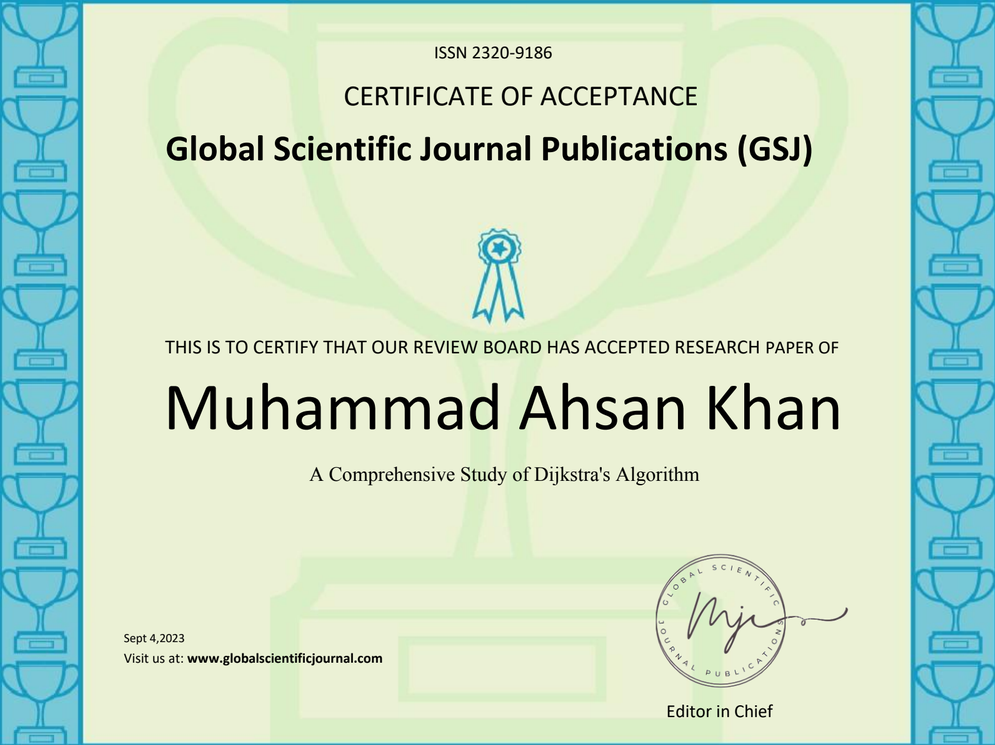 Dijkstra Algorithm Research Paper Publication Certificate - Global Scientific Journal